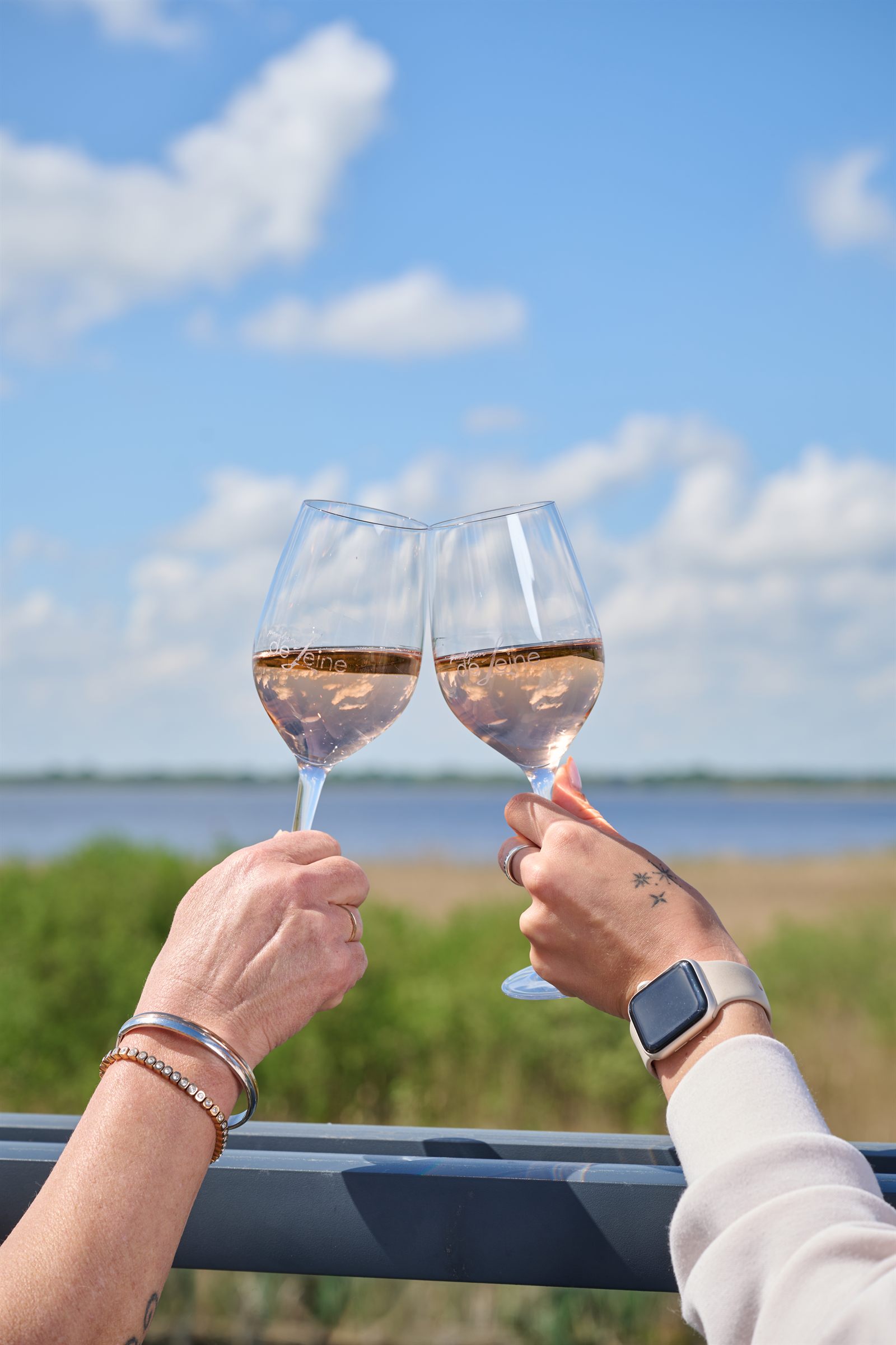 Wijnglazen proosten met uitzicht over het meer